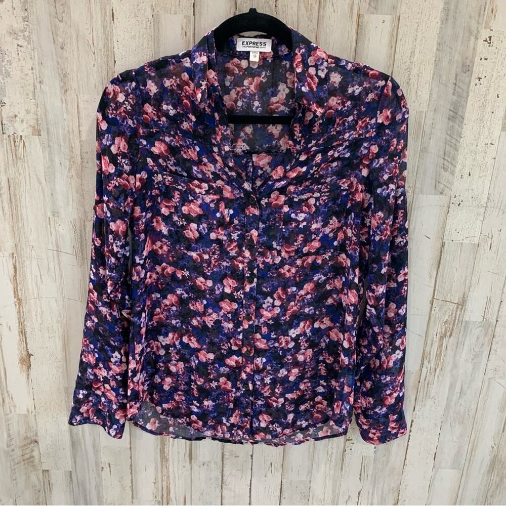 Express The Portofino Button Up Floral Sheer Top Shirt Blouse
